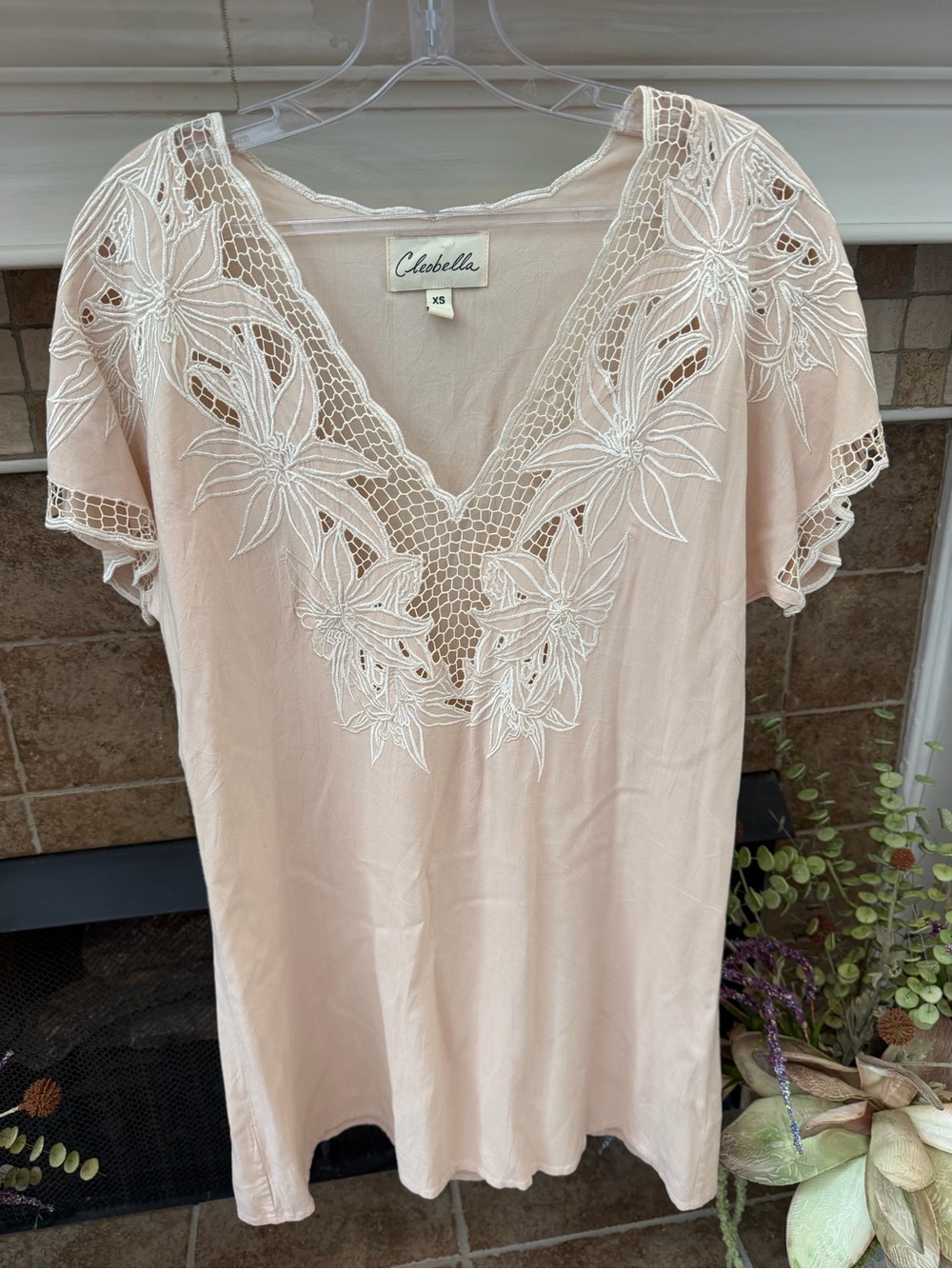 Cleobella embroidered mesh/lace nude silky rayon dress XS